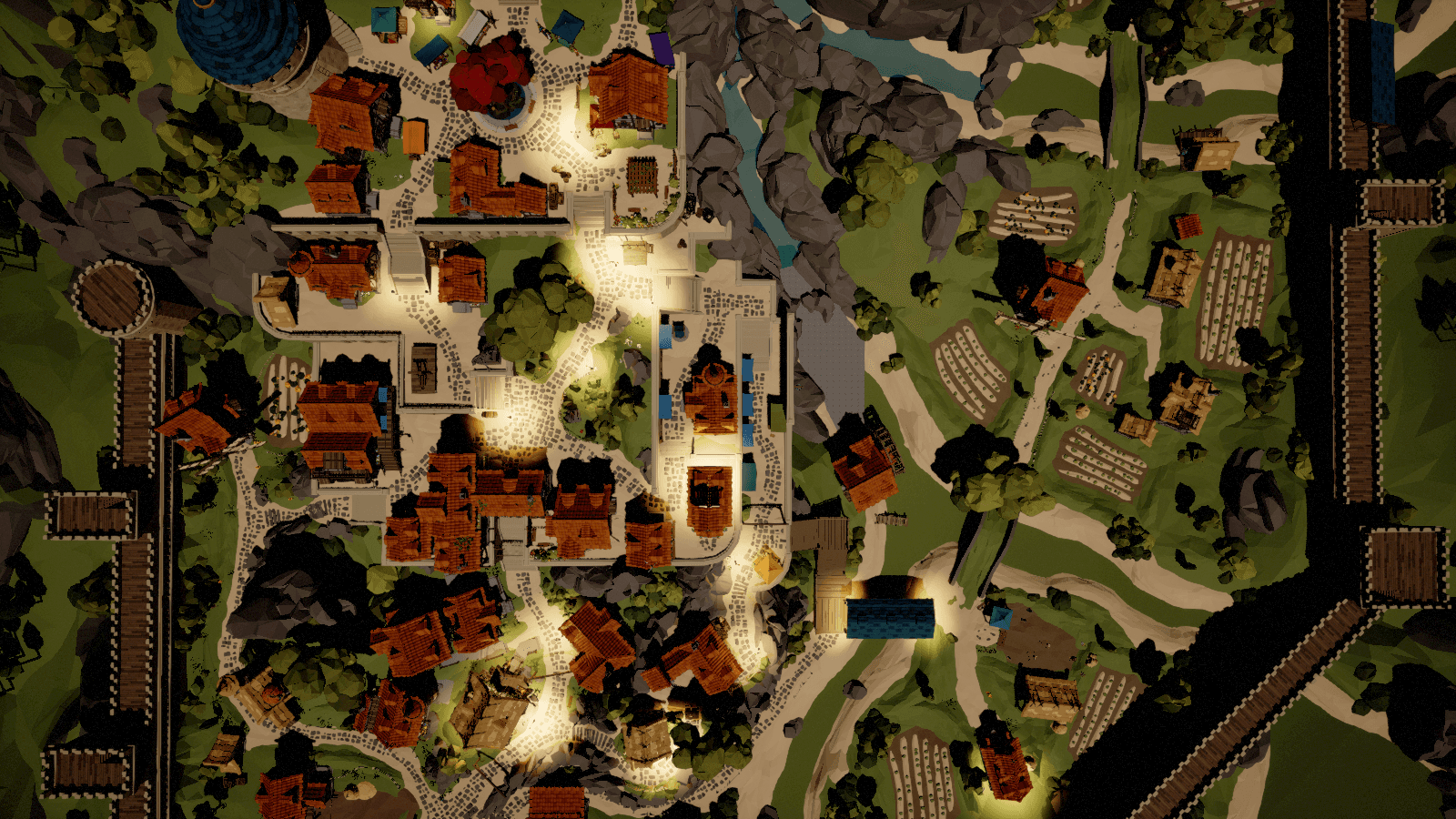 Top-down view of a town map in Excalibur VTT